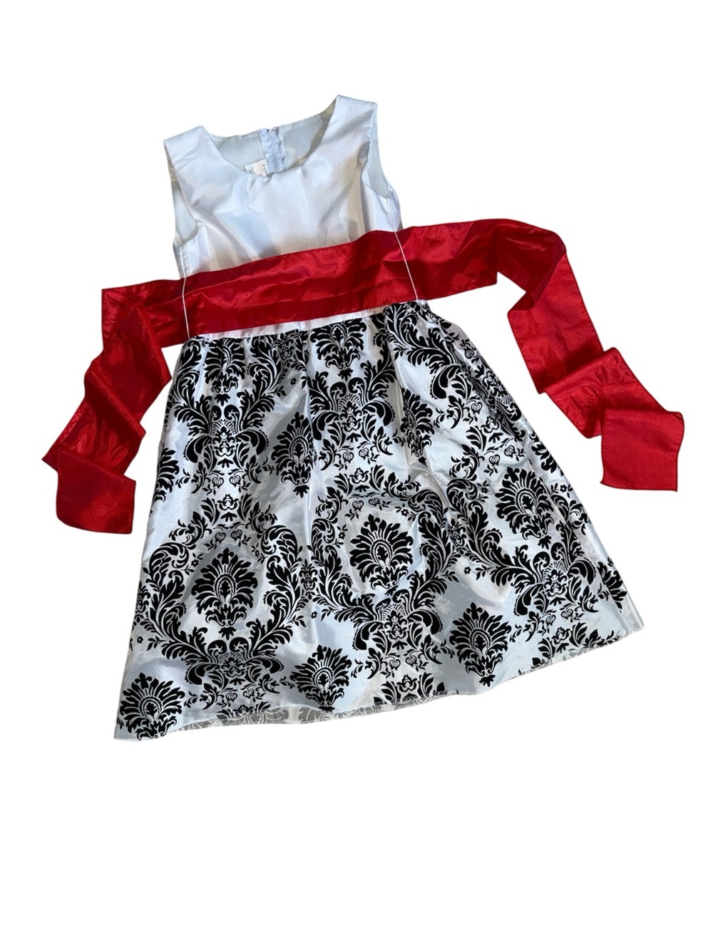 Girls White and Black Damask Dress with Red Sash